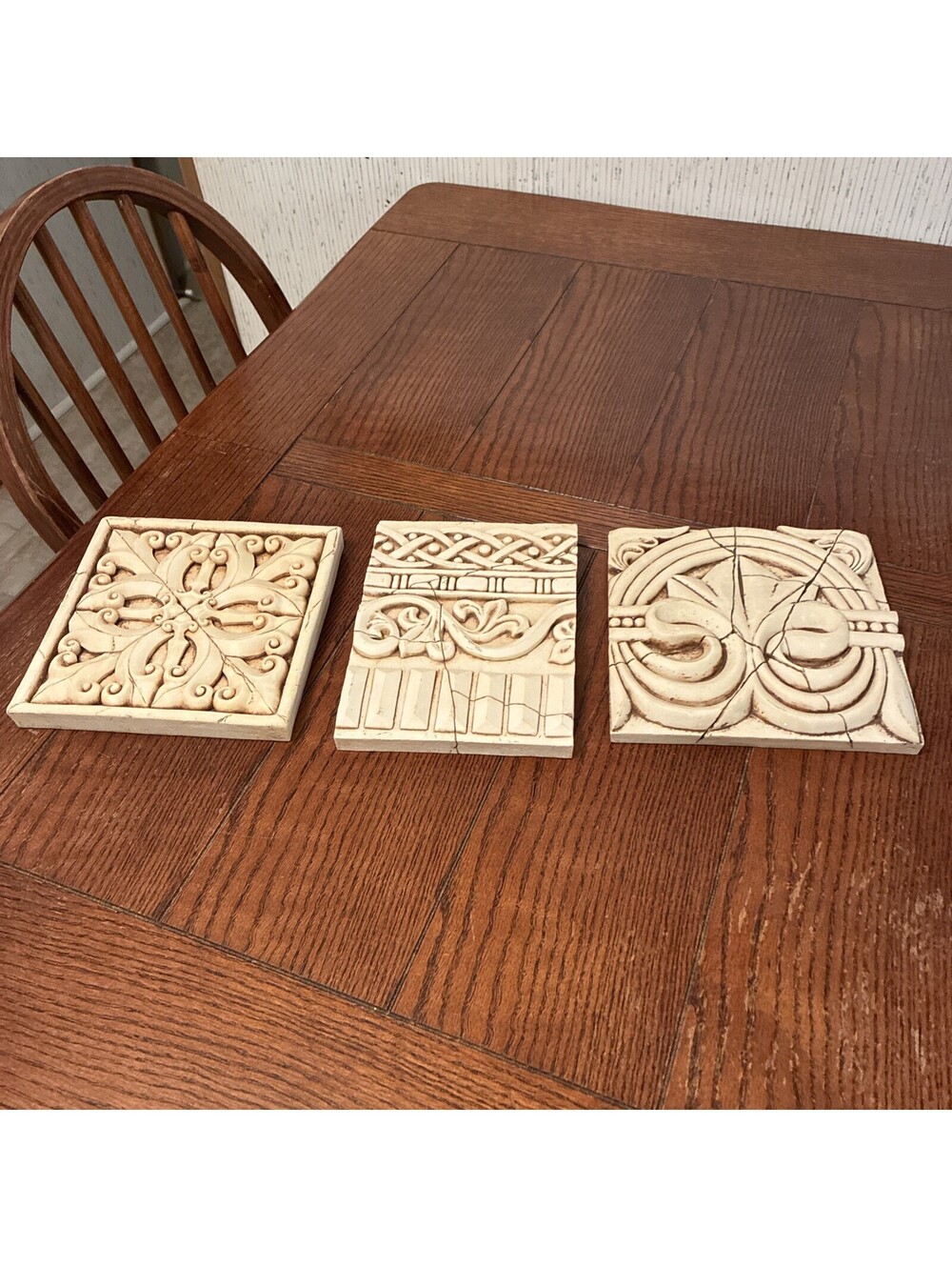 Wall Tiles/Plaque Floral Geometric Carved Decorative Cream Heavy Resin-Lot Of 3